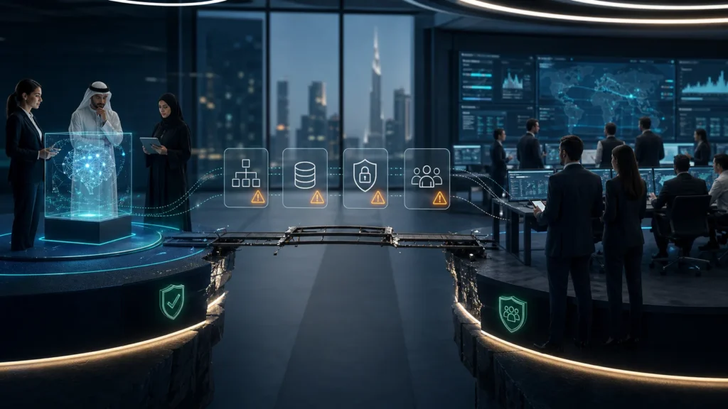 AI prototype separated from production operations by governance, data, and security checkpoints.