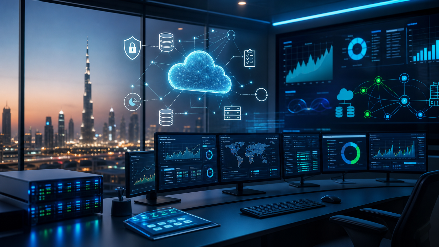 Azure cloud operations dashboard with Dubai skyline and cloud infrastructure visuals