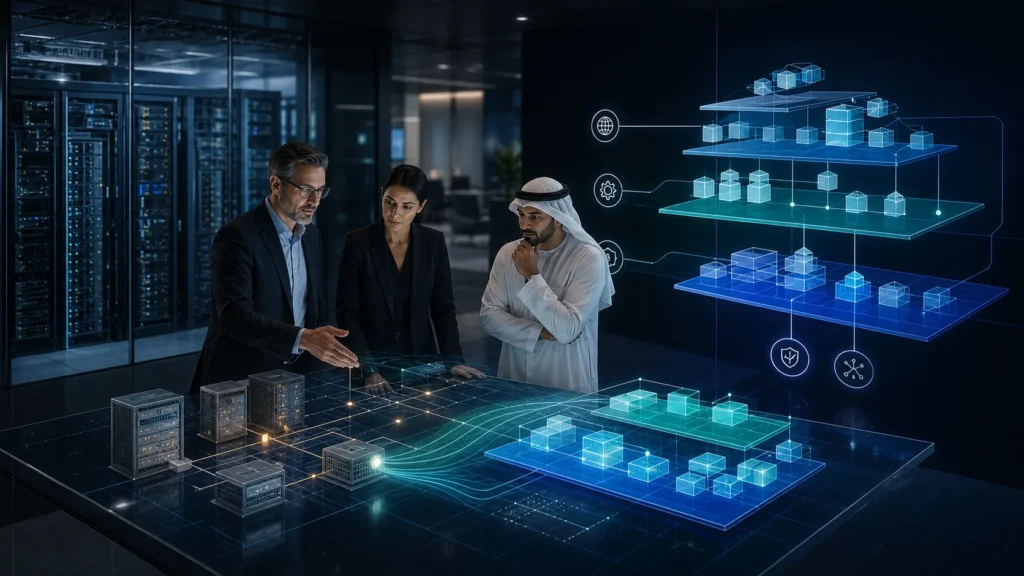 Hybrid cloud modernization architecture connecting existing infrastructure to cloud-native layers.