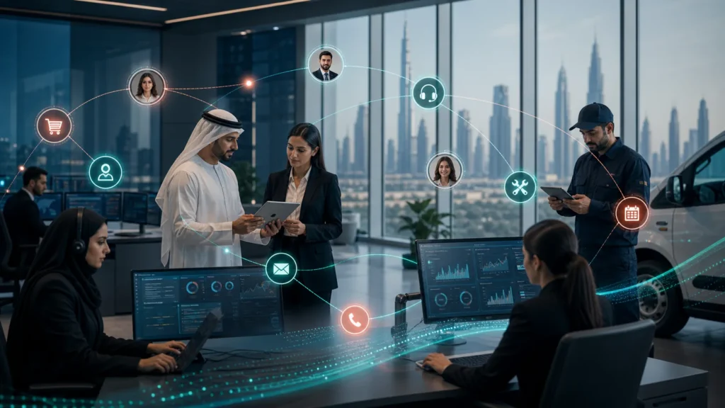 Customer operations team coordinating automated service journeys across digital channels.