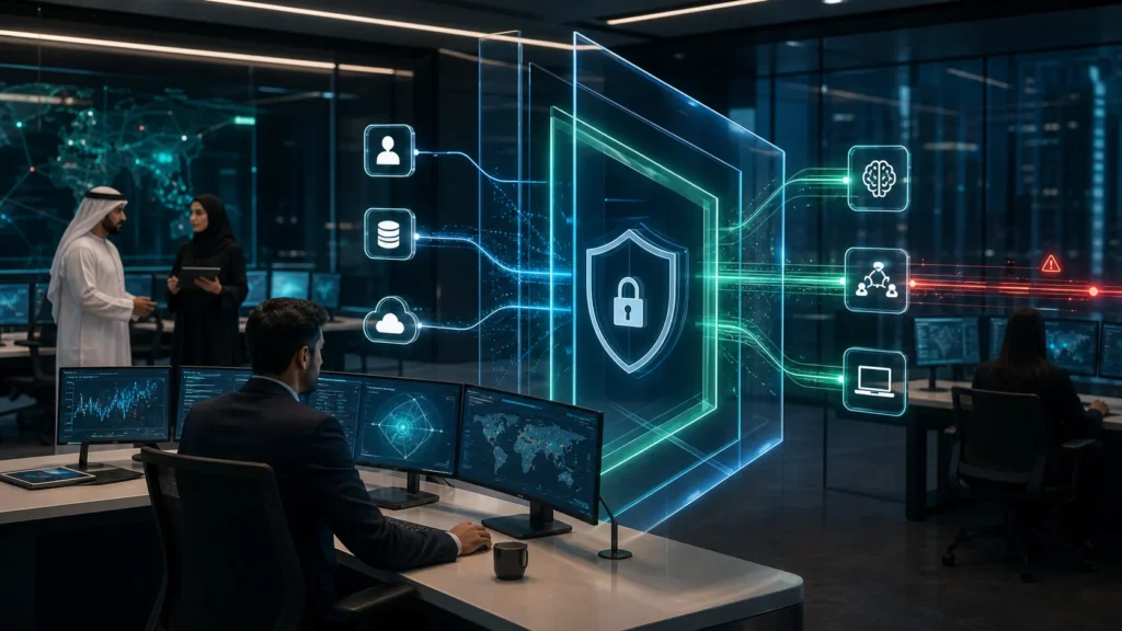 Enterprise security operations center protecting AI, identity, cloud, and endpoint workflows.