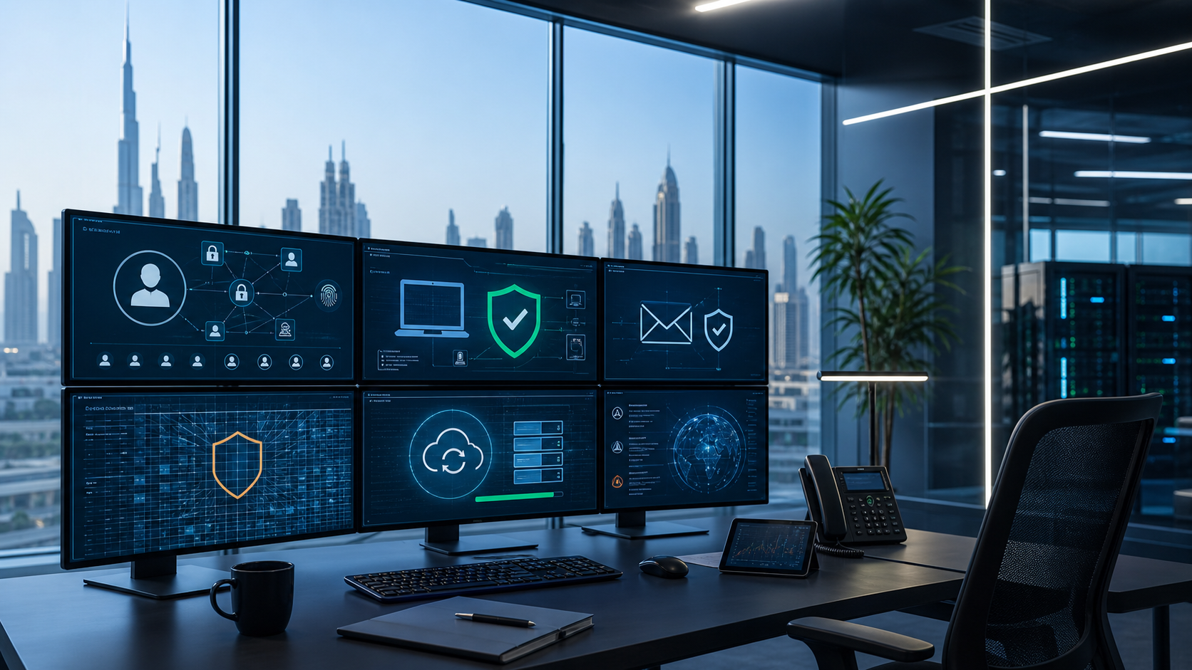 Cybersecurity operations dashboard with identity, endpoint and email protection visuals in a Dubai office