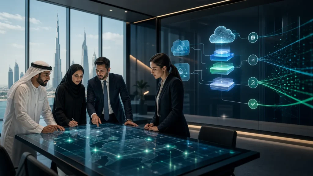 Executives in Dubai reviewing AI decision pathways and cloud operating layers.