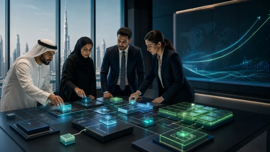 Executives assembling modular digital transformation initiatives into a business capability map.