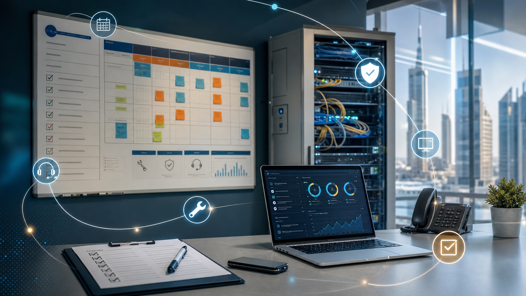 IT AMC planning board with server rack, support icons and Dubai office background