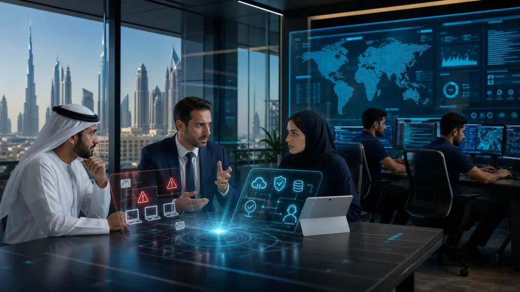 UAE business leaders comparing reactive IT AMC support with proactive managed IT services in a Dubai operations room.