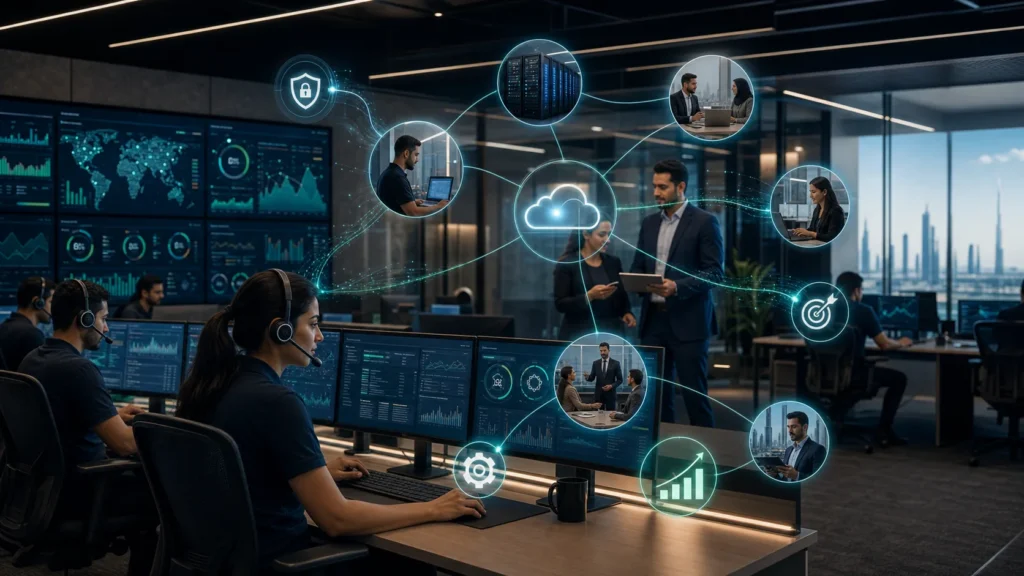 Managed IT operations team connecting service support, cloud health, security, and business outcomes.