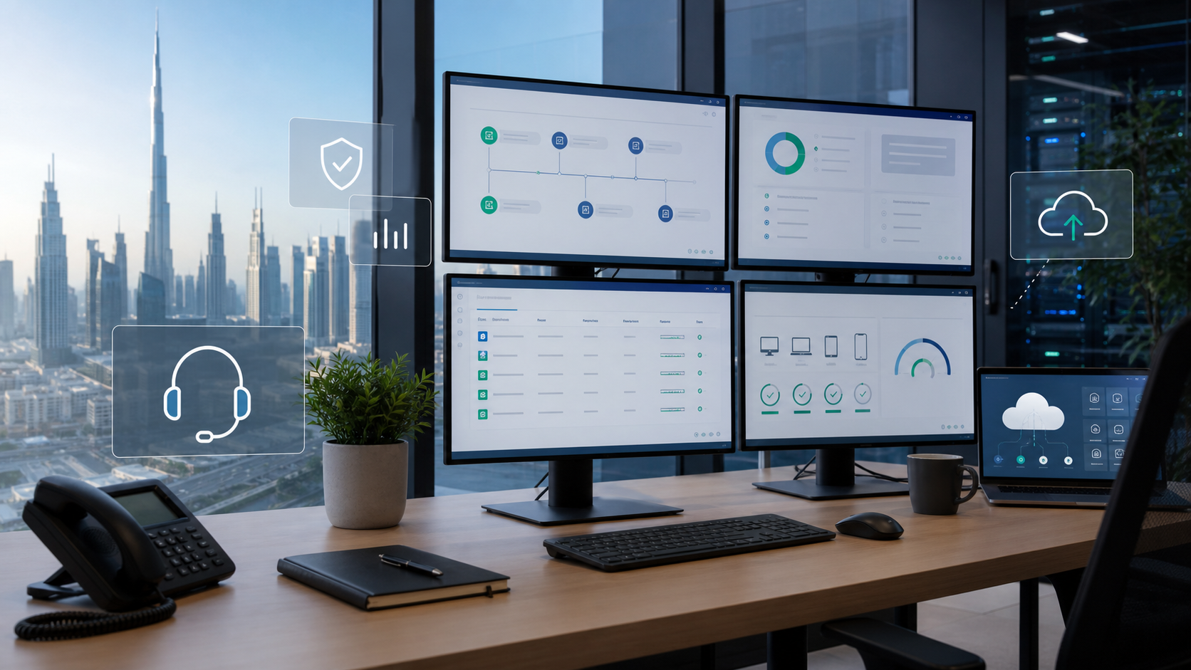 Managed IT operations dashboard in a Dubai office with support, device and cloud health visuals