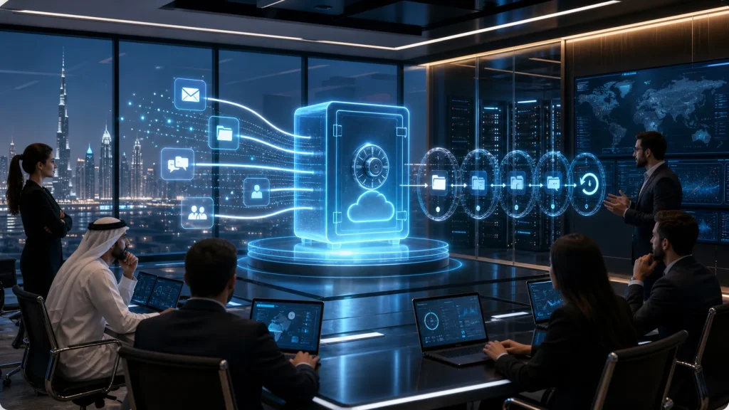 Business and IT leaders reviewing Microsoft 365 cloud data flowing into an independent backup vault with restore points.