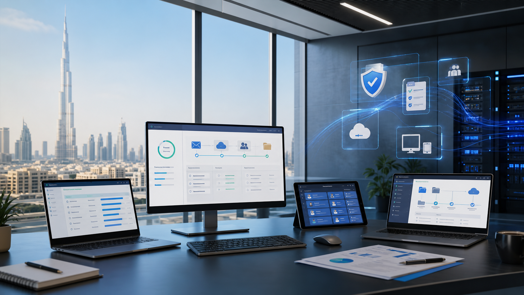 Microsoft 365 migration workspace with cloud, identity, email and device migration visuals