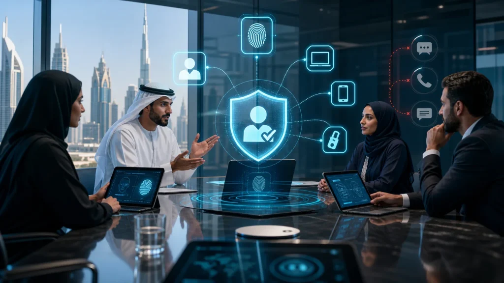 UAE business leaders reviewing passwordless passkey readiness with secure identity and MFA migration visuals.