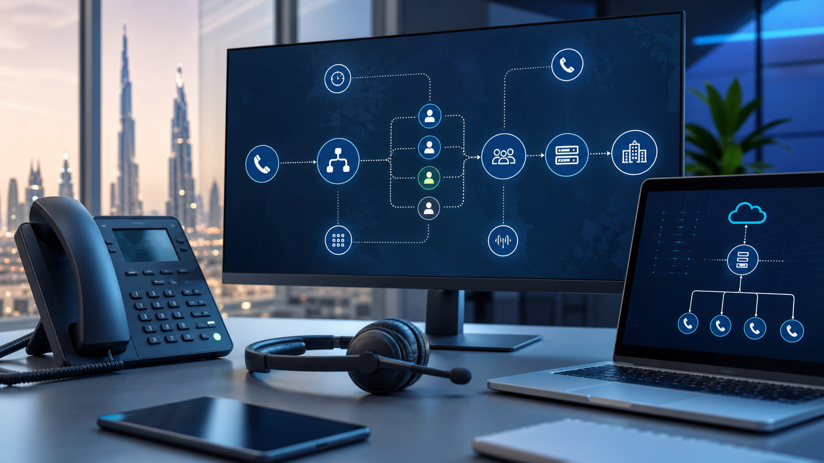 Microsoft Teams Direct Routing call flow dashboard with desk phone, headset and cloud voice visuals