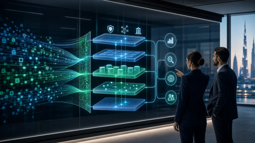 Business leaders reviewing governed data layers feeding AI applications.