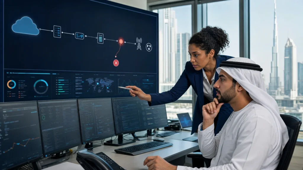 UAE communications engineers diagnosing a failed Microsoft Teams Direct Routing call path across cloud, SBC and carrier systems.