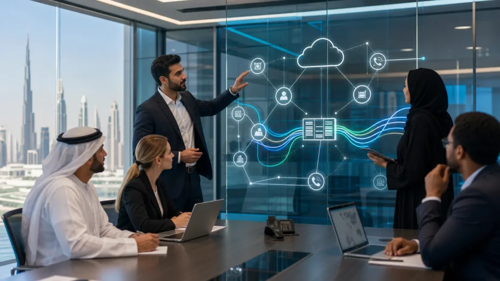 Business and IT leaders reviewing a Microsoft Teams voice routing architecture in a modern Dubai conference room.