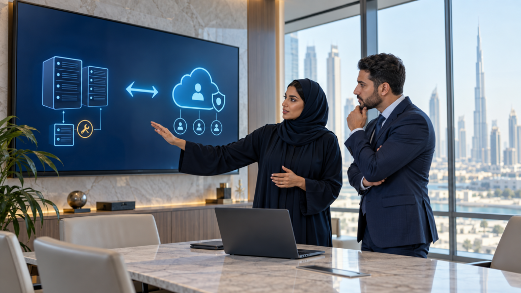 IT specialists in a Dubai office reviewing synchronisation between on-premises servers and cloud identities.